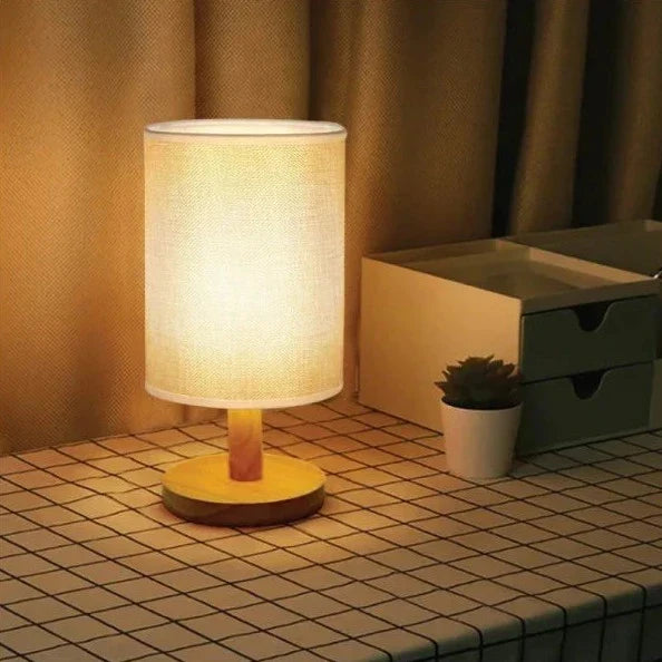 Natural Wood & Linen Table Lamp with Remote Control – Dimmable LED Touch Lamp for Bedroom, Nightstand, Desk – Minimalist Scandinavian | Thomler