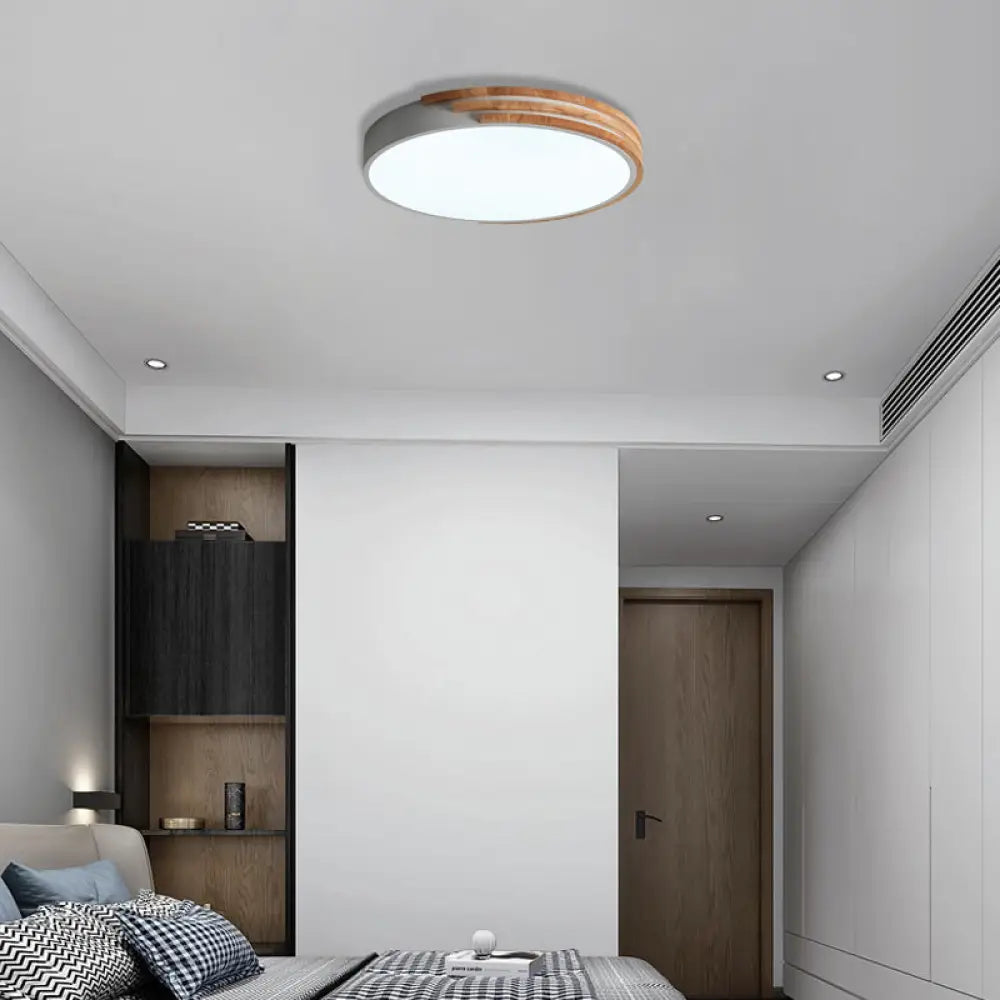 Circular Wood Ceiling Light Flush Mount 16 Inch | Low Profile Modern LED Fixture for Bedroom Living Room Dining Room | Slim 2 Inch Depth | Thomler
