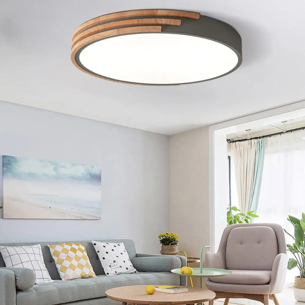 Circular Wood Ceiling Light Flush Mount 16 Inch | Low Profile Modern LED Fixture for Bedroom Living Room Dining Room | Slim 2 Inch Depth | Thomler