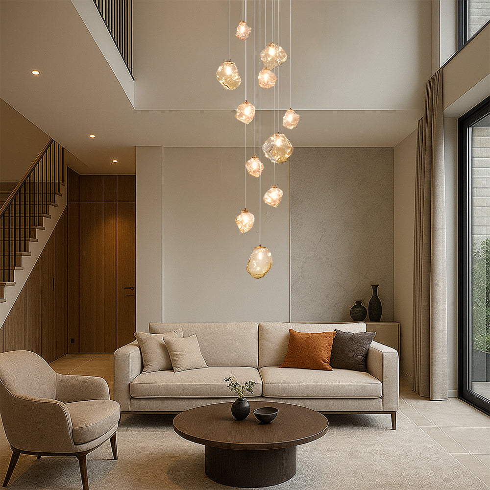 Modern Multi-Light Stairwell Chandelier with Remote – Dimmable LED Cluster Pendant for High Ceilings – Glass Globe Hanging Light | Thomler
