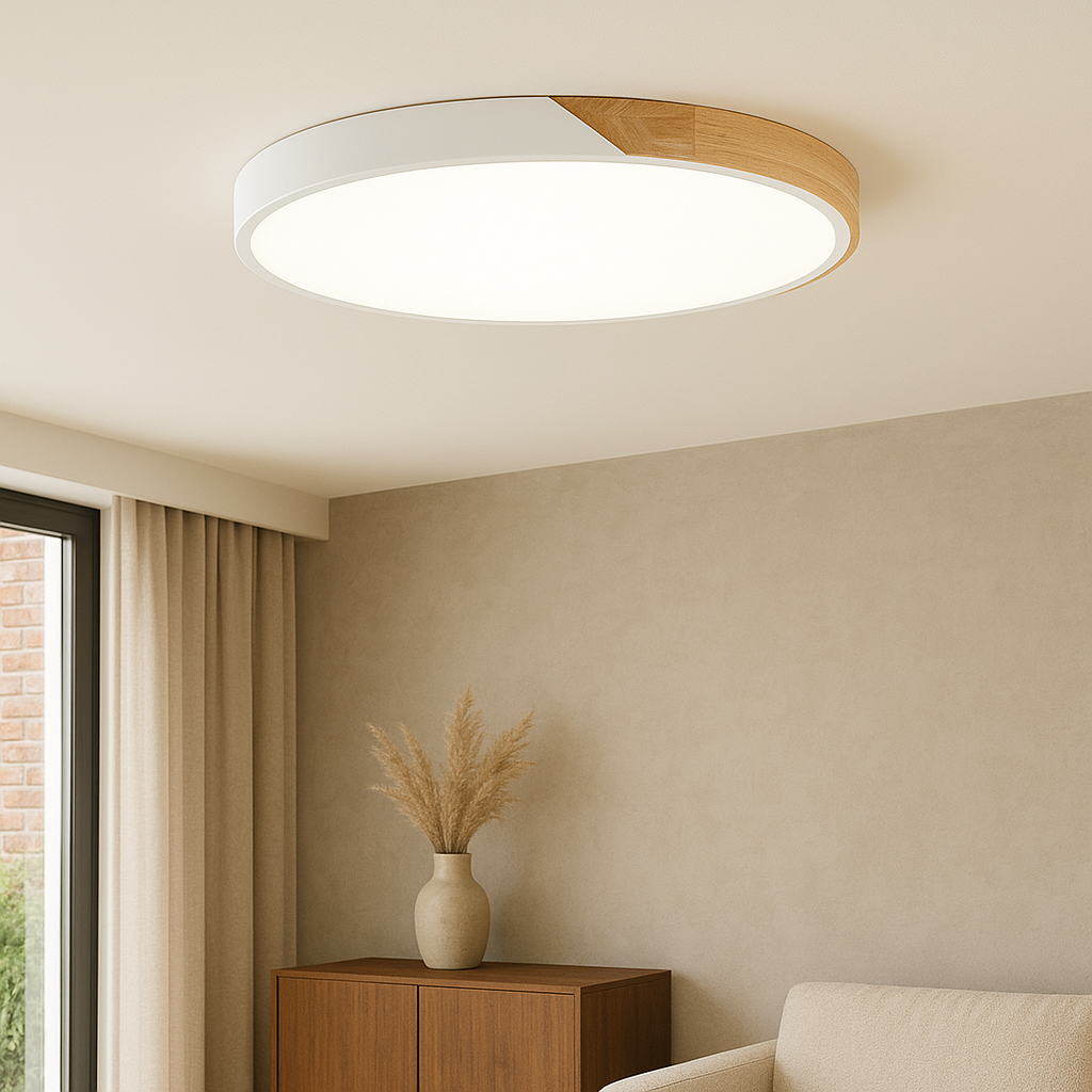 Wood LED Ceiling Light Fixture Round Flush Mount Modern Nordic Design for Bedroom Living Room – Black or White Finish | Thomler