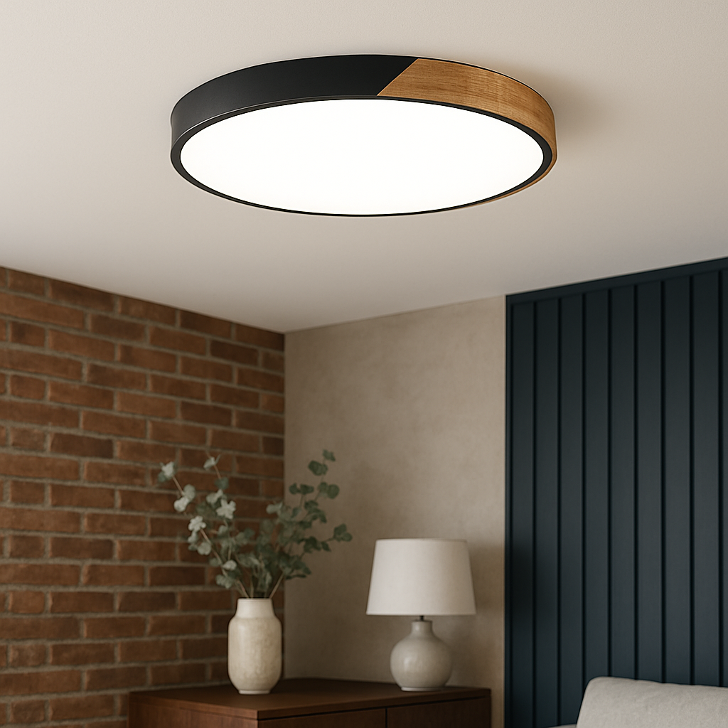 Wood LED Ceiling Light Fixture Round Flush Mount Modern Nordic Design for Bedroom Living Room – Black or White Finish | Thomler