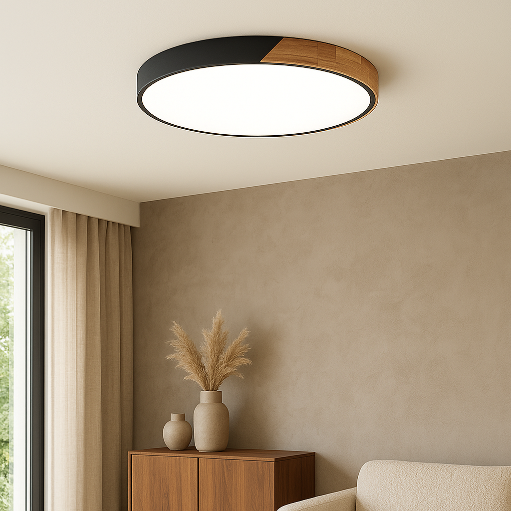 Wood LED Ceiling Light Fixture Round Flush Mount Modern Nordic Design for Bedroom Living Room – Black or White Finish | Thomler
