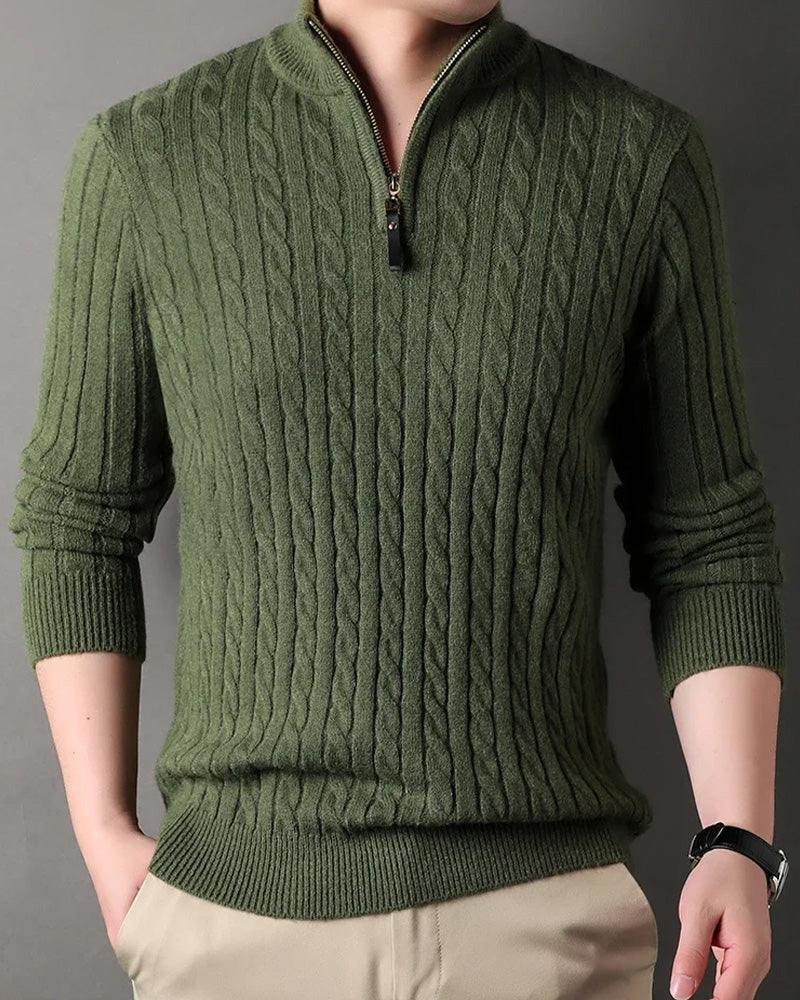 Men's Cable Knit Half-Zip Pullover Sweater – Classic Fit Ribbed Collar Knitwear for Casual & Smart Occasions | Thomler