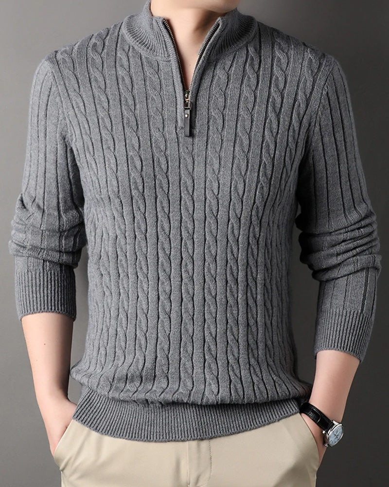 Men's Cable Knit Half-Zip Pullover Sweater – Classic Fit Ribbed Collar Knitwear for Casual & Smart Occasions | Thomler