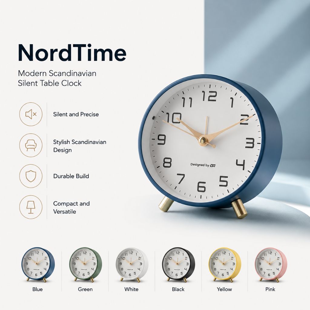 Contemporary Desk Clock Silent Sweep Movement Metal Frame Glass Face 6 Colors Bedroom Office Nightstand Quiet Timepiece Minimalist | Thomler