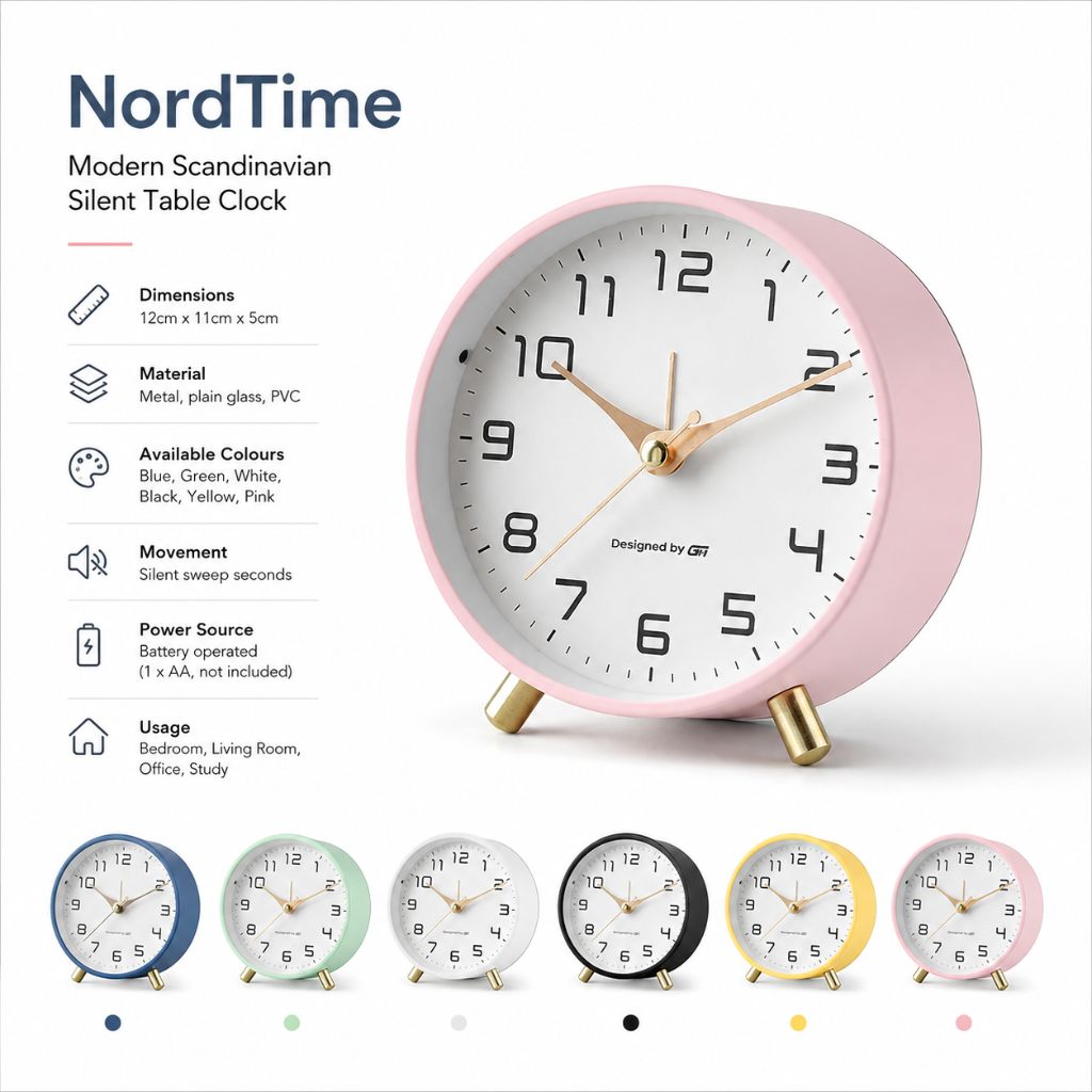 Contemporary Desk Clock Silent Sweep Movement Metal Frame Glass Face 6 Colors Bedroom Office Nightstand Quiet Timepiece Minimalist | Thomler