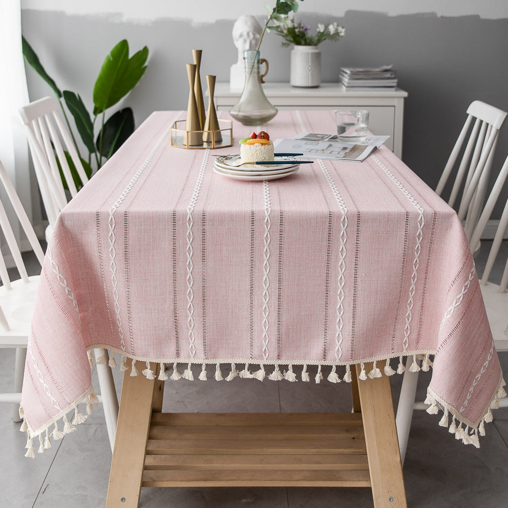 Striped Table Cover with Tassel Trim – Dust-Resistant Dining Cloth for Daily Use | Thomler