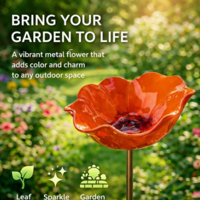 Metal Flower Stake Bird Bath for Garden, Yard & Patio – Decorative Pollinator Watering Station in 6 Colors | Thomler