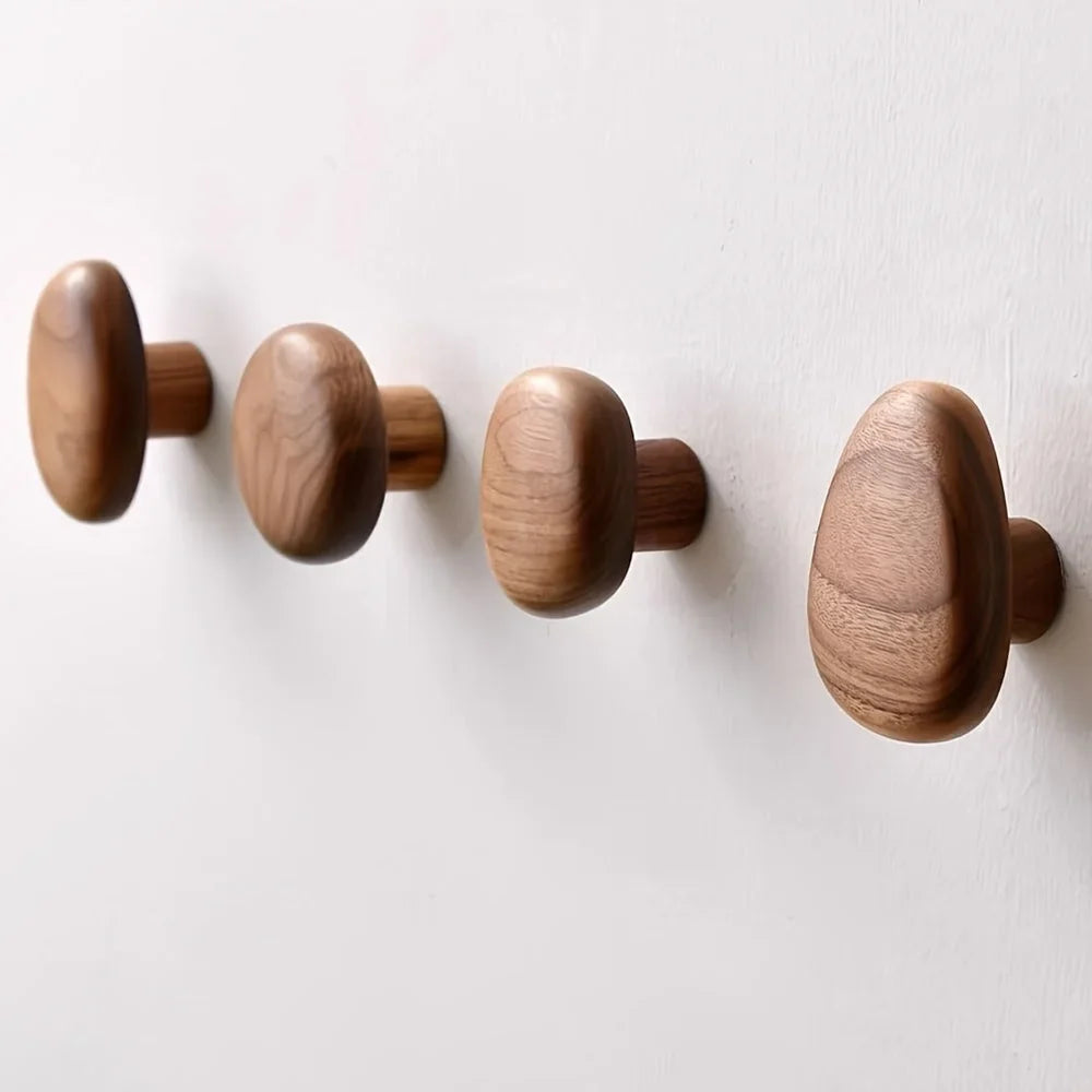 Handcrafted Wooden Wall Hooks Set of 4 Natural Timber Coat Rack Towel Hanger Entryway Bathroom Bedroom Organizer Artisan Finish | Thomler