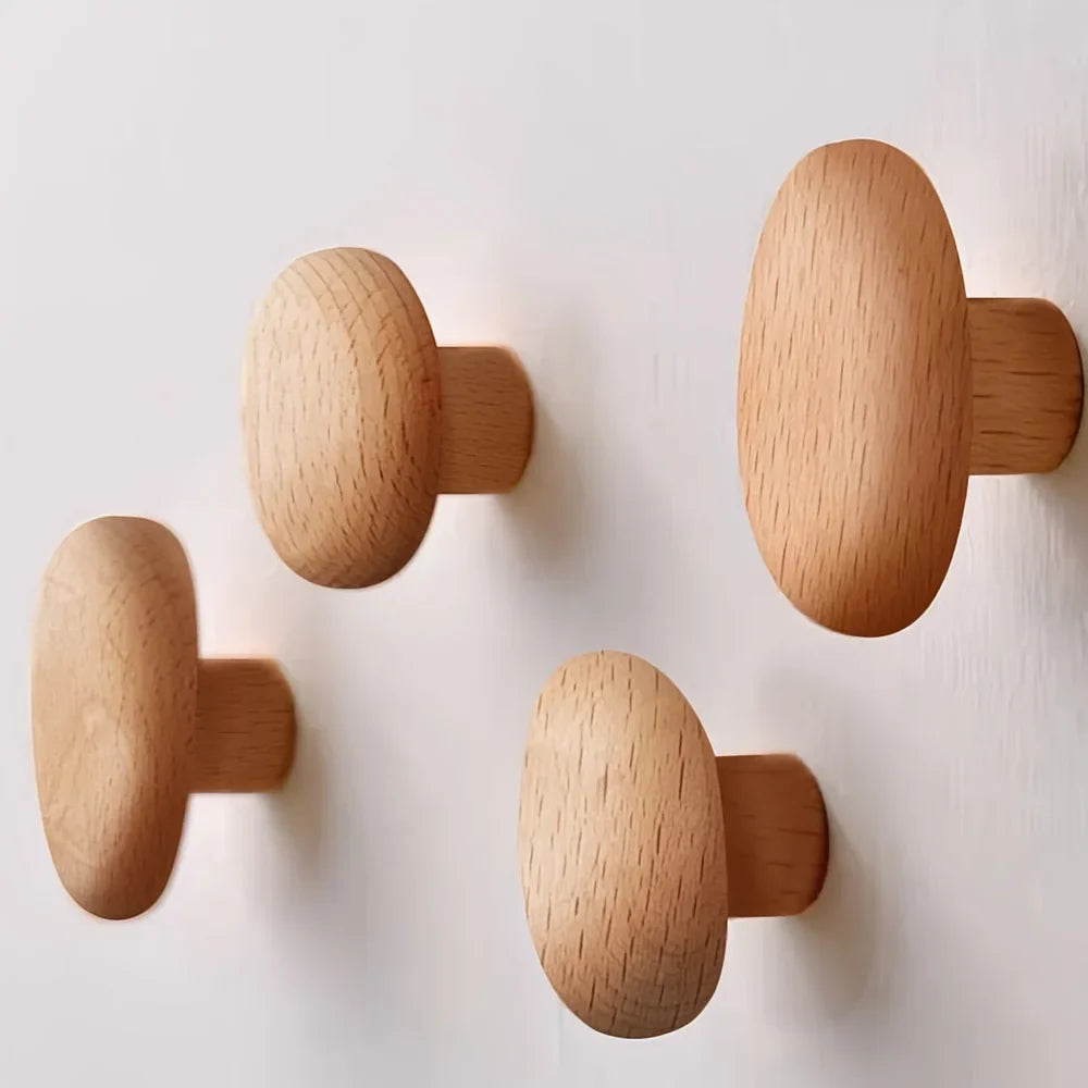 Handcrafted Wooden Wall Hooks Set of 4 Natural Timber Coat Rack Towel Hanger Entryway Bathroom Bedroom Organizer Artisan Finish | Thomler