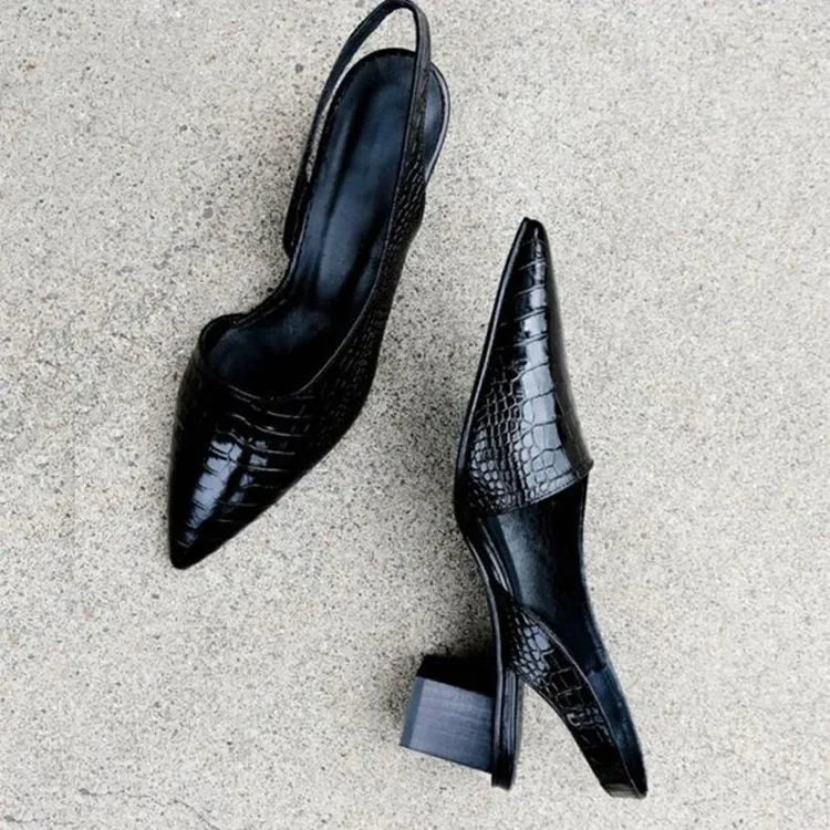Women's Pointed-Toe Slingback Heels with Arch Support Brown Croc-Embossed Footwear for Office Work Professional Occasions All-Day Wear | Thomler