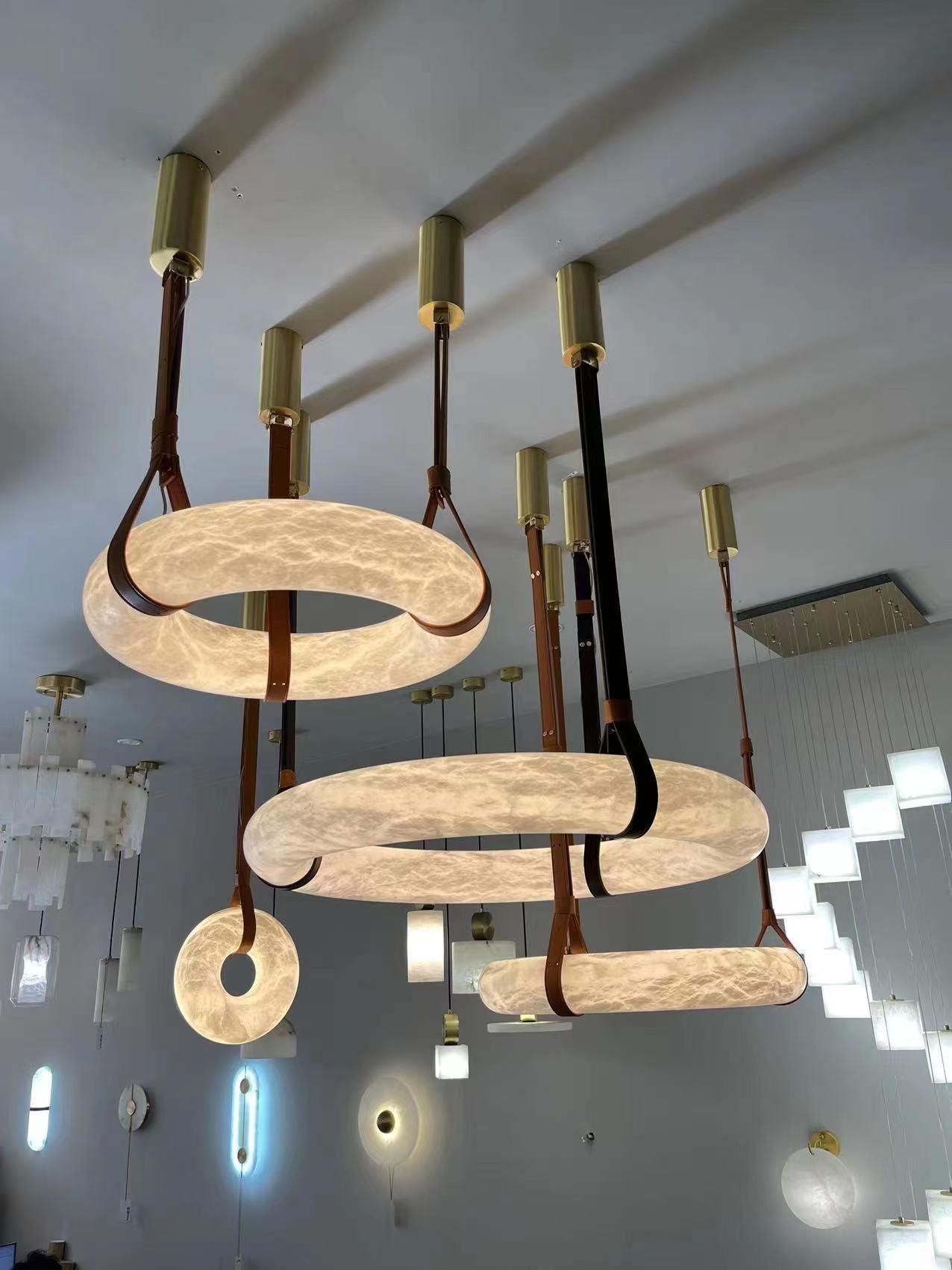 Pendant Light Alabaster Ring LED Ø 120.0 cm Gold Dining Room Halo Hanging Ceiling Lamp Adjustable | Thomler
