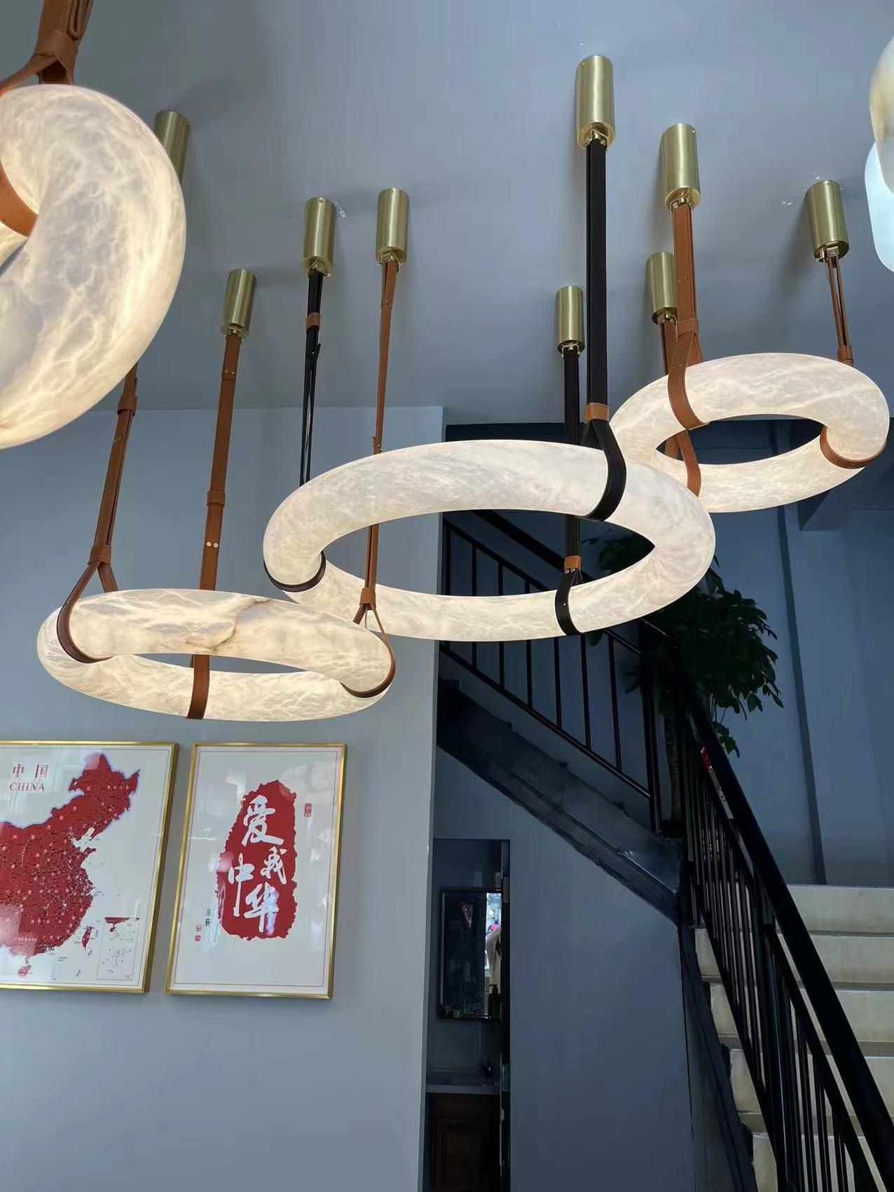 Pendant Light Alabaster Ring LED Ø 120.0 cm Gold Dining Room Halo Hanging Ceiling Lamp Adjustable | Thomler