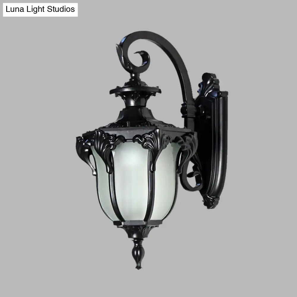 Outdoor Wall Sconce with Curved Arm and Frosted Glass Shade - Porch Lantern for Front Door, Patio, Entryway, or Garage - Vintage Rustic | Thomler