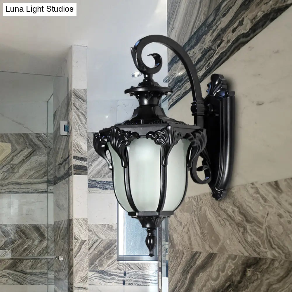 Outdoor Wall Sconce with Curved Arm and Frosted Glass Shade - Porch Lantern for Front Door, Patio, Entryway, or Garage - Vintage Rustic | Thomler