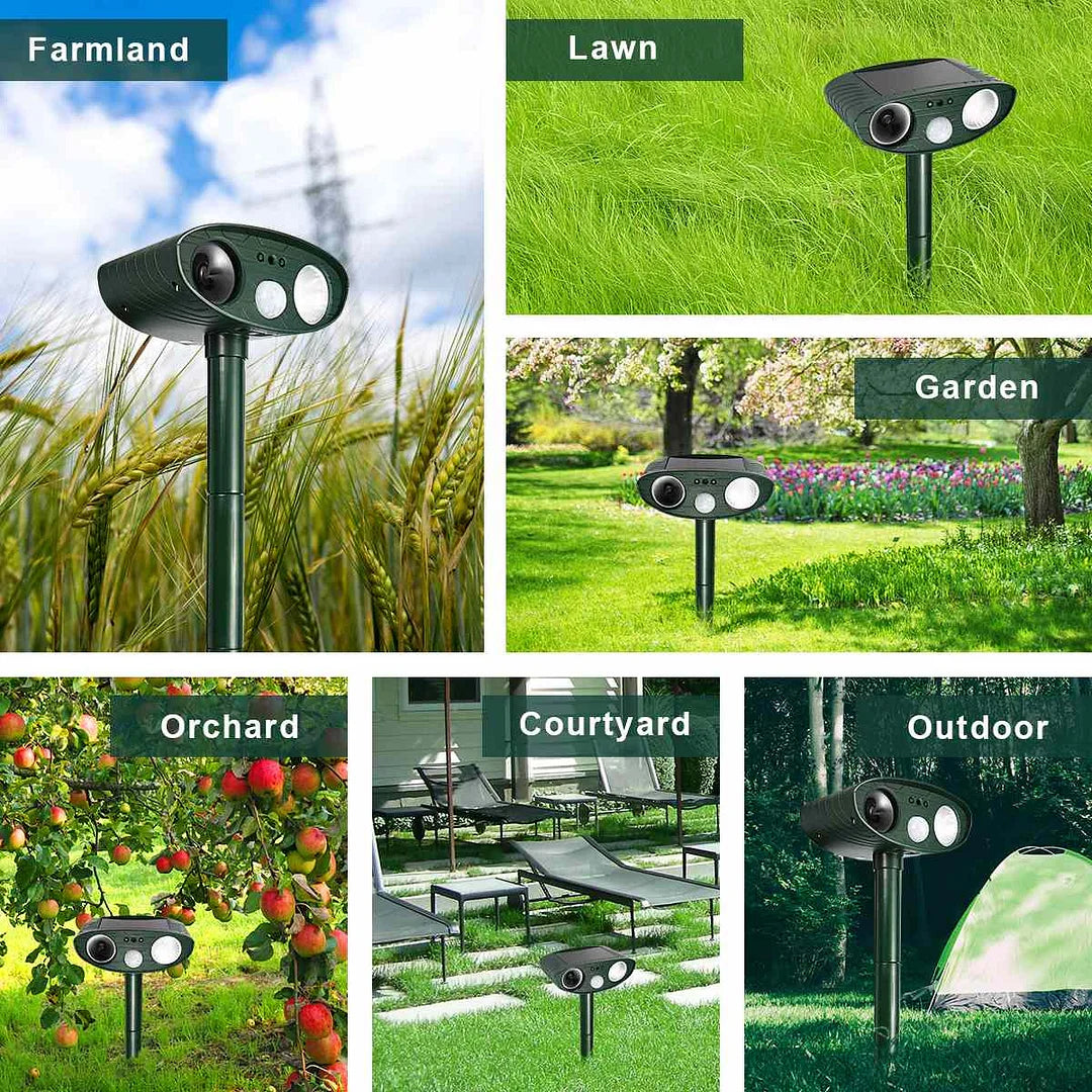 Motion-Activated Animal Deterrent with Solar Panel for Yard Protection | Ultrasonic Pest Control Device for Deer Dogs Raccoons | Thomler
