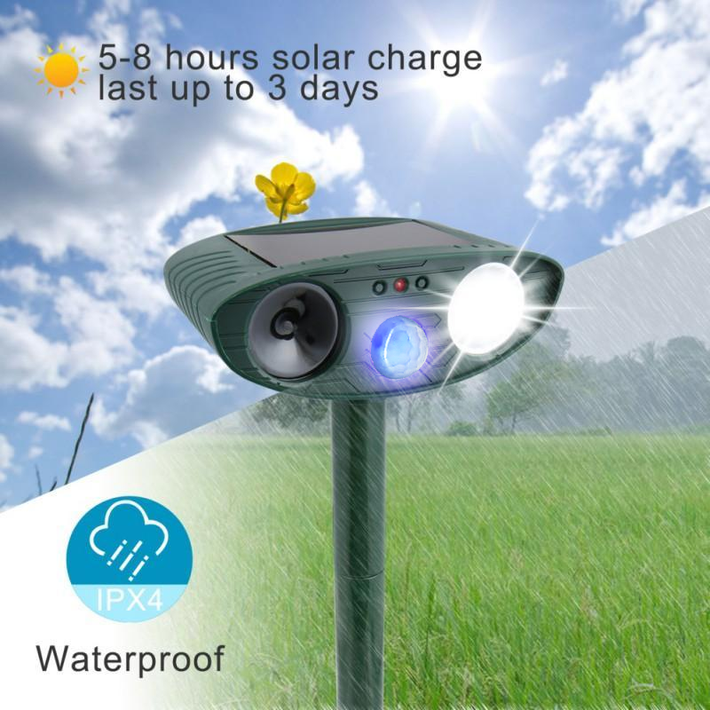 Motion-Activated Animal Deterrent with Solar Panel for Yard Protection | Ultrasonic Pest Control Device for Deer Dogs Raccoons | Thomler