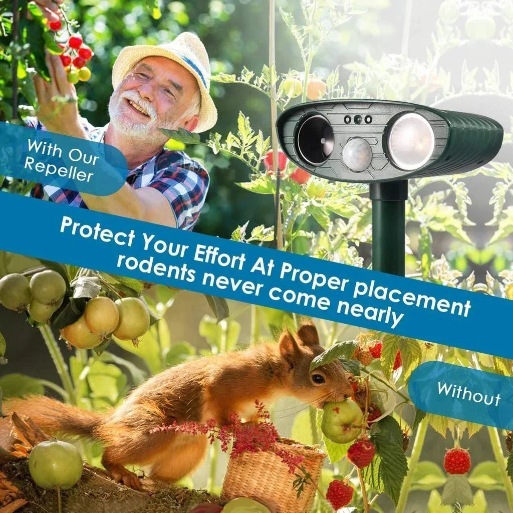 Motion-Activated Animal Deterrent with Solar Panel for Yard Protection | Ultrasonic Pest Control Device for Deer Dogs Raccoons | Thomler