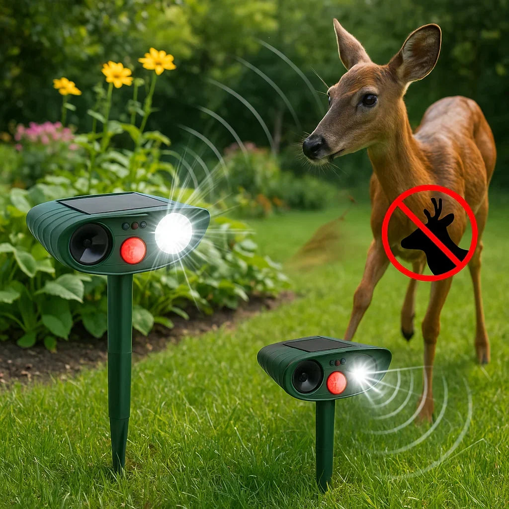 Motion-Activated Animal Deterrent with Solar Panel for Yard Protection | Ultrasonic Pest Control Device for Deer Dogs Raccoons | Thomler