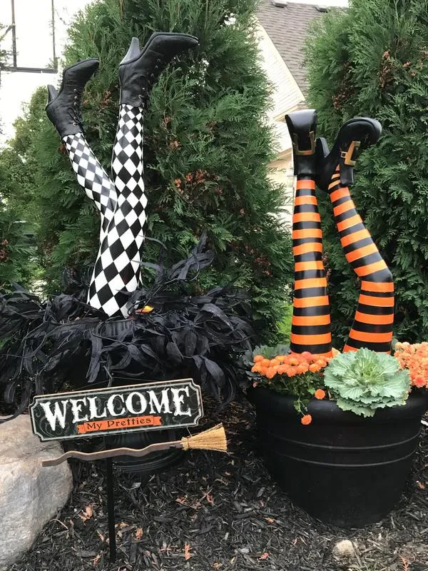 Whimsical Witch Leg Garden Stakes – Striped Boot Yard Decoration – Set of 2 for Halloween Outdoor Display | Thomler