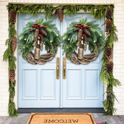 Rustic Winter Door Wreath with Gold Bells, Pine Cones & Berries – Farmhouse Seasonal Decoration for Front Entry or Mantel Display | Thomler
