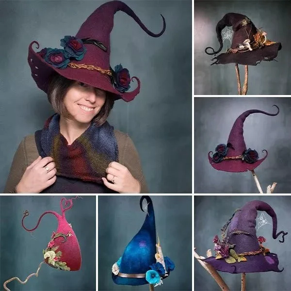 Artisan Felted Witch Hat with Natural Merino Fibers & Botanical Dye Accents – Adjustable Costume Headwear for Spooky Season Celebrations | Thomler