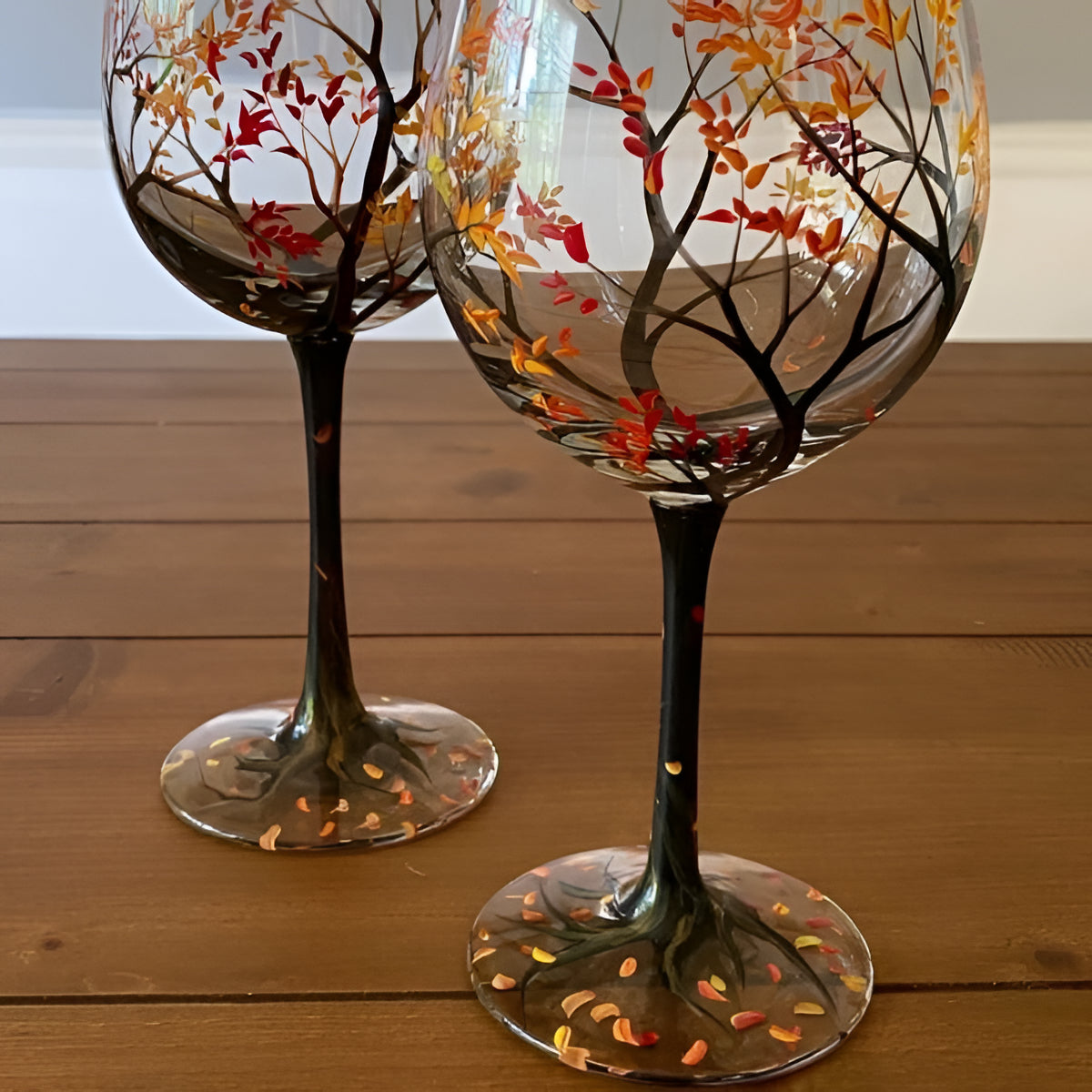 Hand-Painted Seasonal Tree Wine Glass Set – Artistic Stemmed or Stemless Design for Home Entertaining & Collectors | Thomler