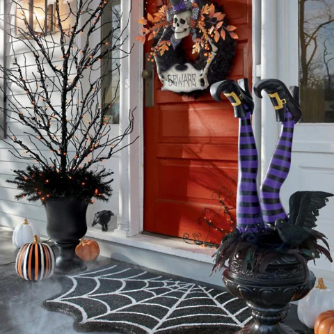 Whimsical Witch Leg Garden Stakes – Striped Boot Yard Decoration – Set of 2 for Halloween Outdoor Display | Thomler