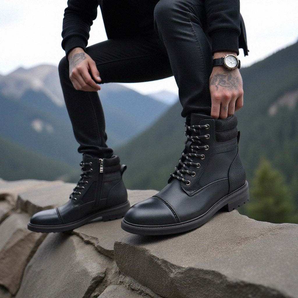 Men's Waterproof Leather Combat Boots with Reinforced Stitching & Anti-Slip Sole for Work, Hiking & Everyday Wear | Thomler