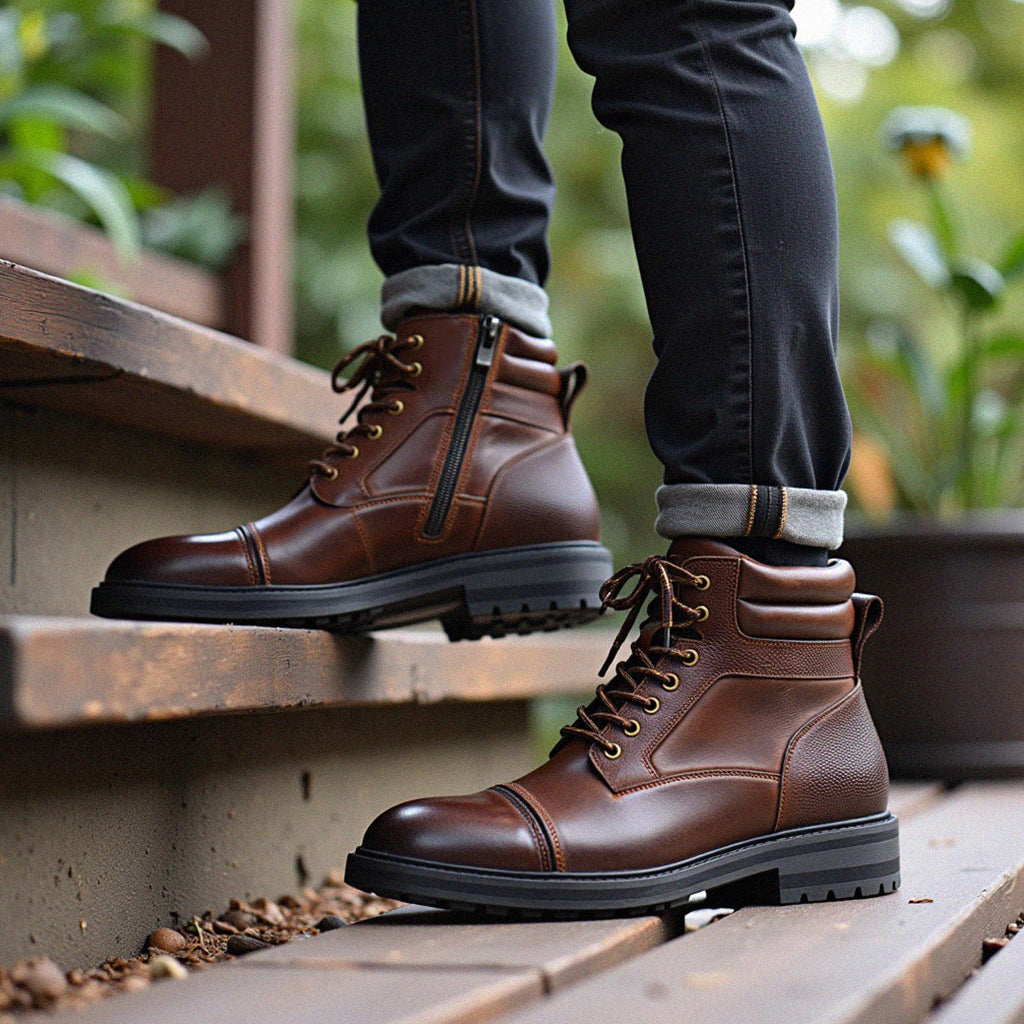 Men's Waterproof Leather Combat Boots with Reinforced Stitching & Anti-Slip Sole for Work, Hiking & Everyday Wear | Thomler