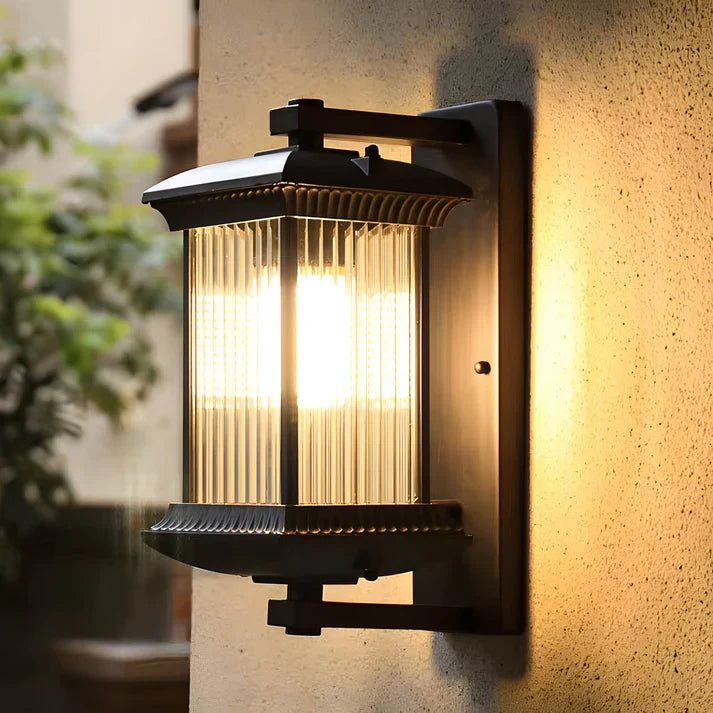 Outdoor Wall Lantern with Ribbed Glass Panels and Coffee Bronze Finish for Entryway, Patio and Garden | E27 Socket 85-265V AC | Thomler