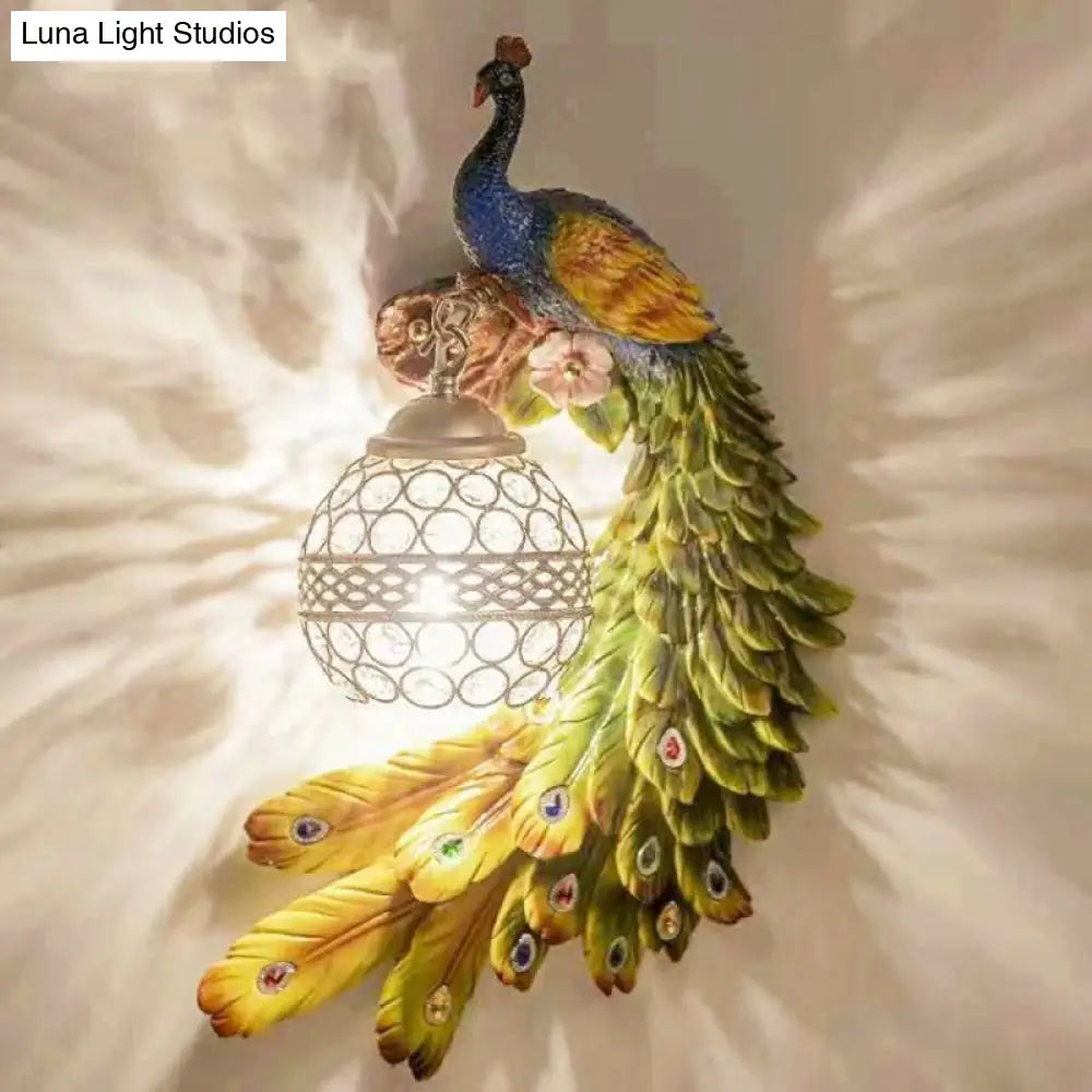 Crystal Globe Bird Wall Light Fixture for Living Room & Hallway | Art Deco Resin Sconce with Jeweled Shade for Bedroom Entryway Indoor | Thomler