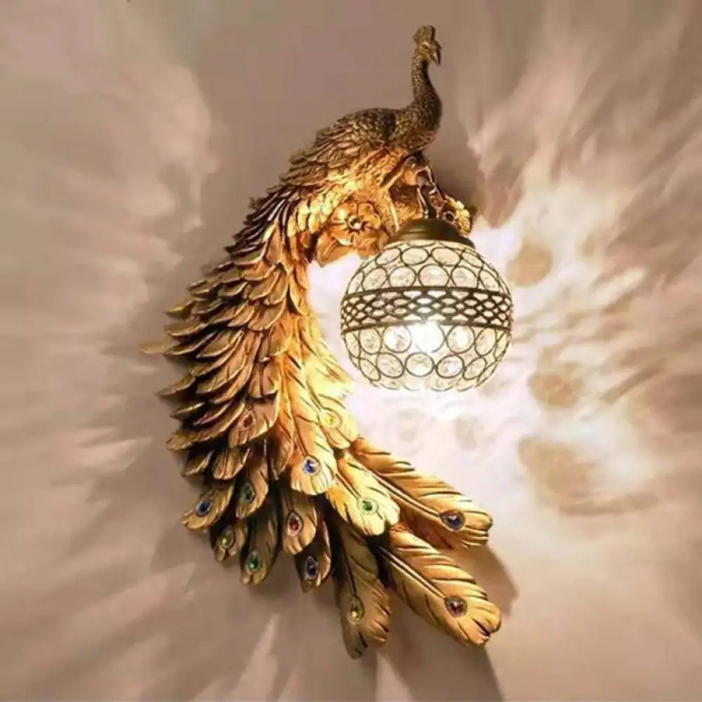 Crystal Globe Bird Wall Light Fixture for Living Room & Hallway | Art Deco Resin Sconce with Jeweled Shade for Bedroom Entryway Indoor | Thomler
