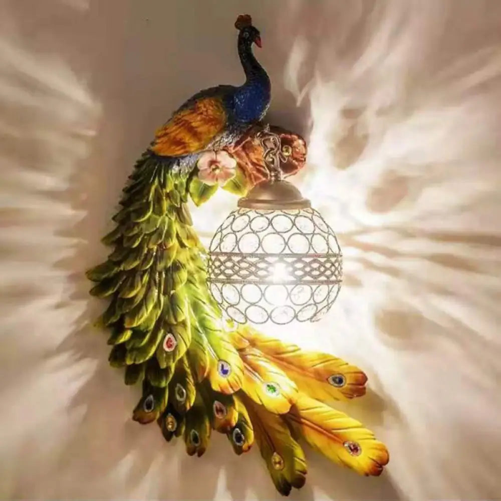 Crystal Globe Bird Wall Light Fixture for Living Room & Hallway | Art Deco Resin Sconce with Jeweled Shade for Bedroom Entryway Indoor | Thomler