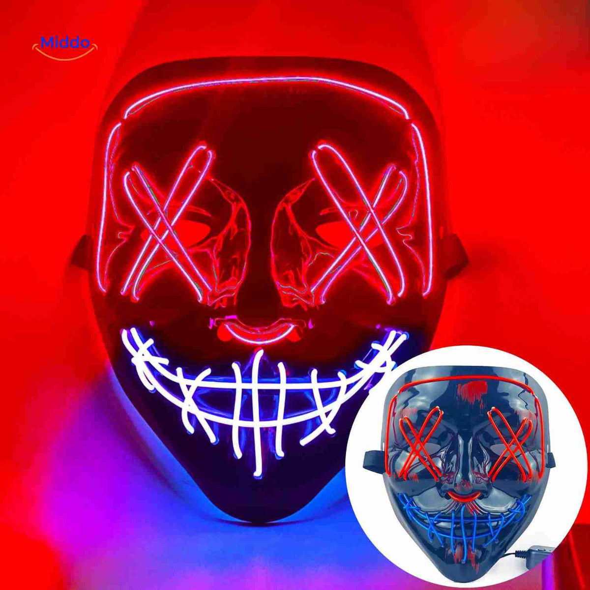 Illuminated Horror Face Mask – LED Electroluminescent Wire, 4 Light Modes, Foam-Padded for Comfortable Wear at Parties, Festivals & Cosplay | Thomler