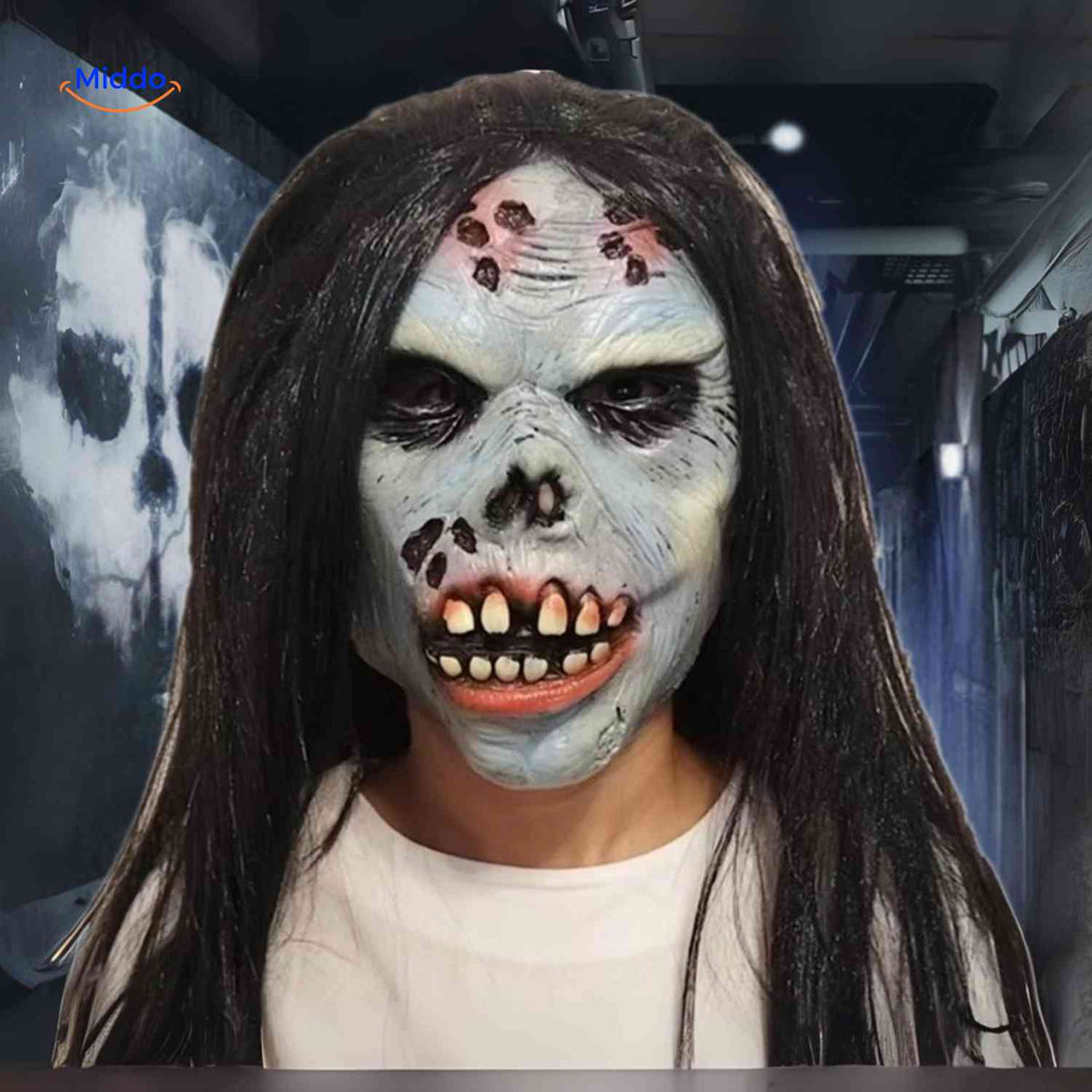 Creepy Horror Character Mask with Long Synthetic Hair for Halloween & Haunted Houses | Thomler