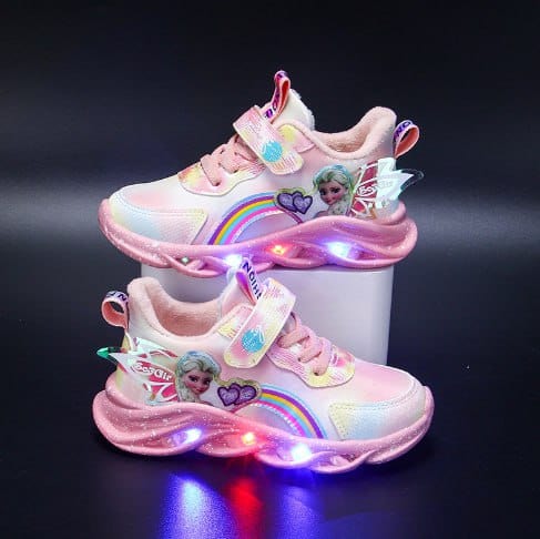 Kids Trainers Mesh LED Sole Pink Rainbow Velcro Everyday School Play Glitter Light Up Sneakers | Thomler