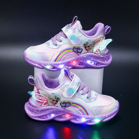 Kids Trainers Mesh LED Sole Pink Rainbow Velcro Everyday School Play Glitter Light Up Sneakers | Thomler