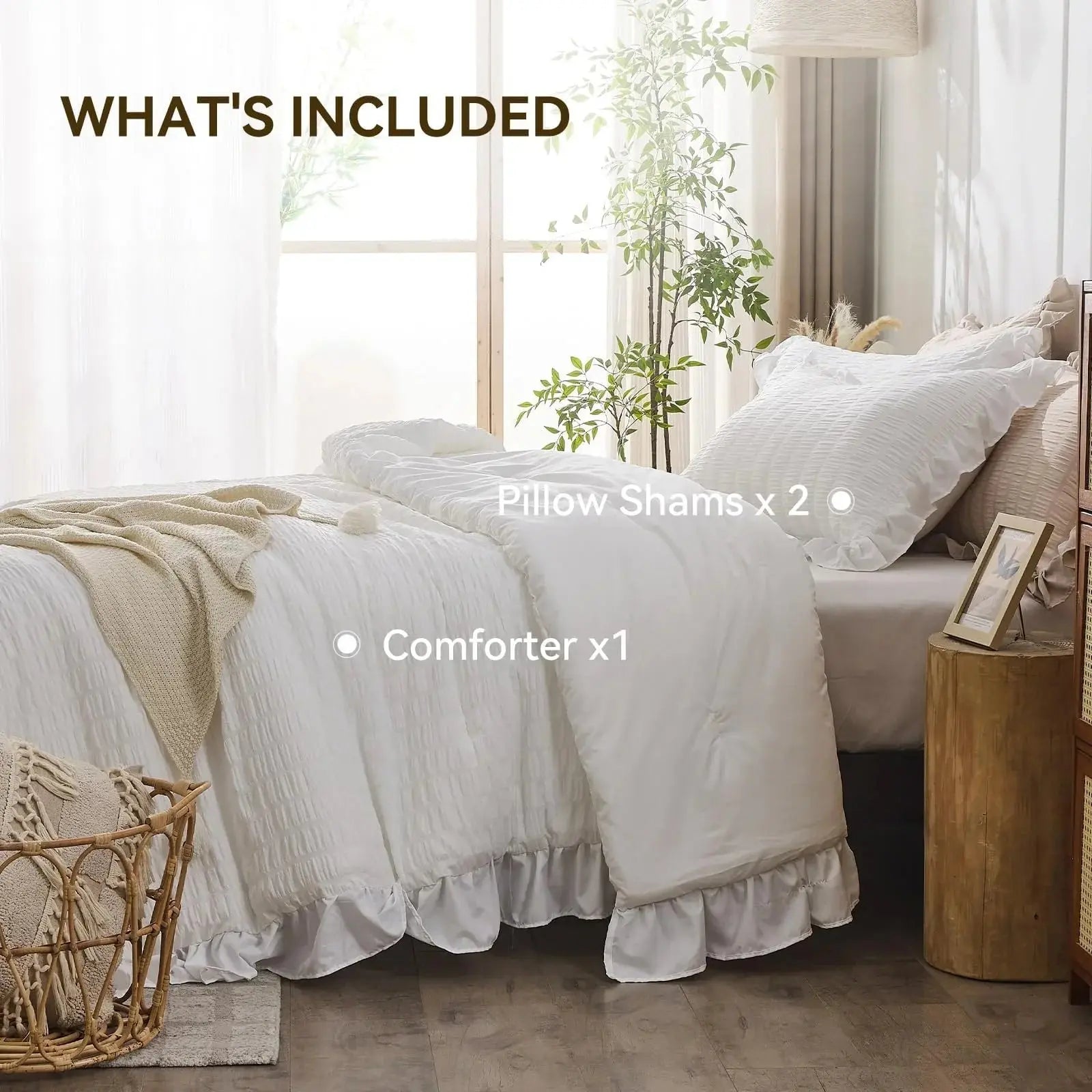 Textured Seersucker Duvet Cover Set with Lace Trim | 3-Piece Wrinkle-Free Bedding with Pillowcases | Lightweight Breathable Comforter | Thomler