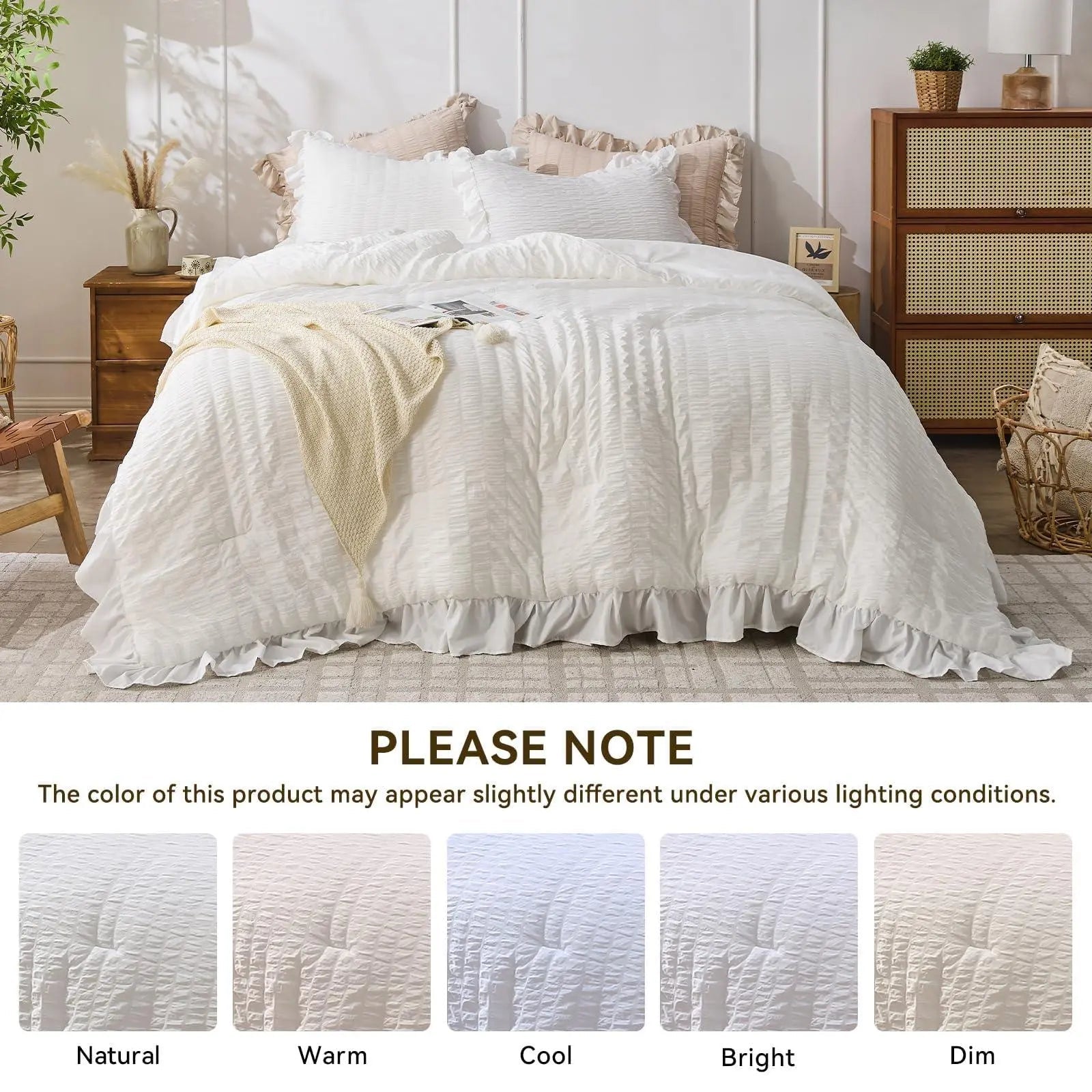 Textured Seersucker Duvet Cover Set with Lace Trim | 3-Piece Wrinkle-Free Bedding with Pillowcases | Lightweight Breathable Comforter | Thomler