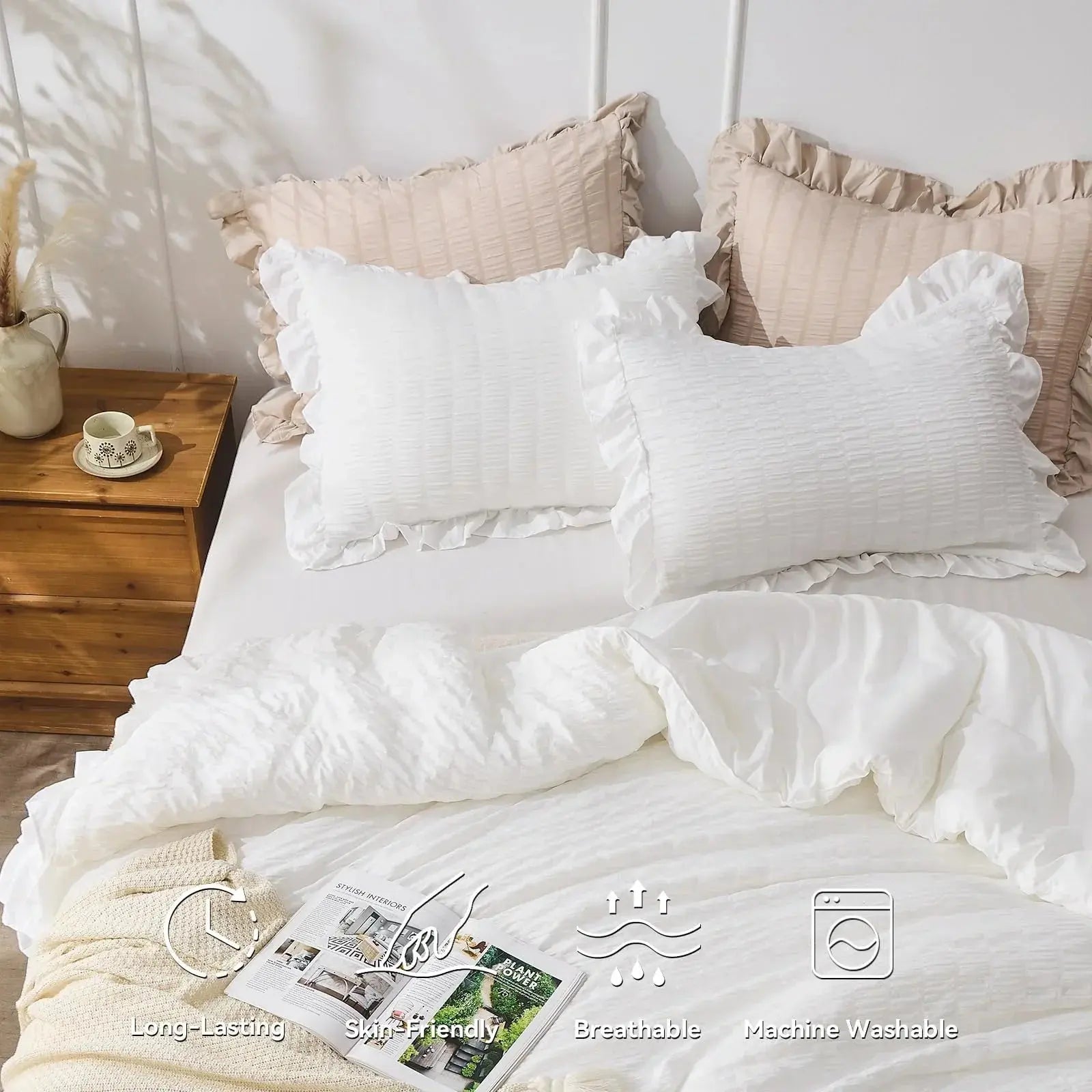 Textured Seersucker Duvet Cover Set with Lace Trim | 3-Piece Wrinkle-Free Bedding with Pillowcases | Lightweight Breathable Comforter | Thomler