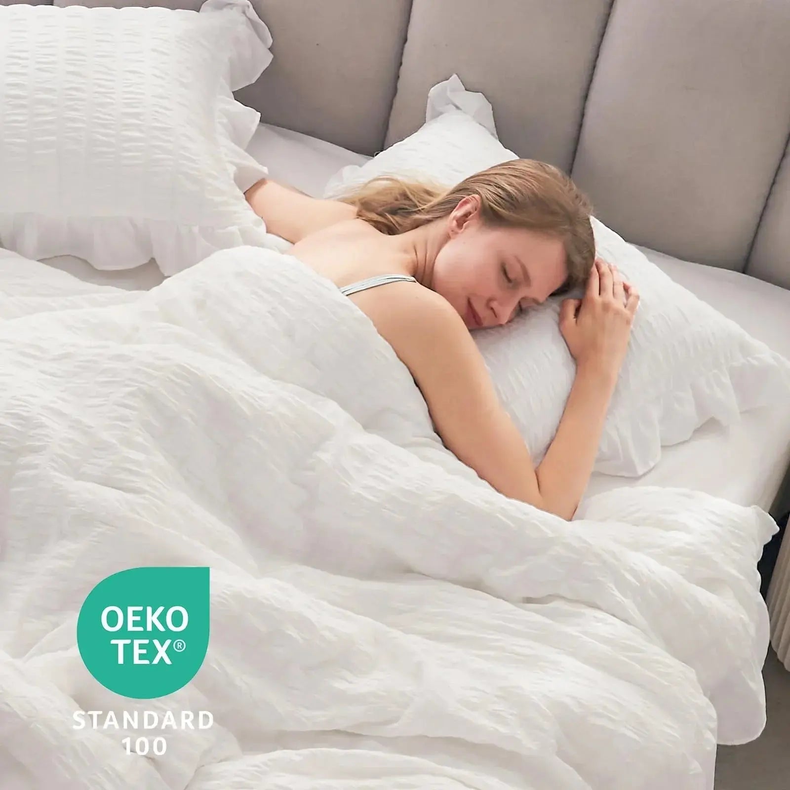 Textured Seersucker Duvet Cover Set with Lace Trim | 3-Piece Wrinkle-Free Bedding with Pillowcases | Lightweight Breathable Comforter | Thomler