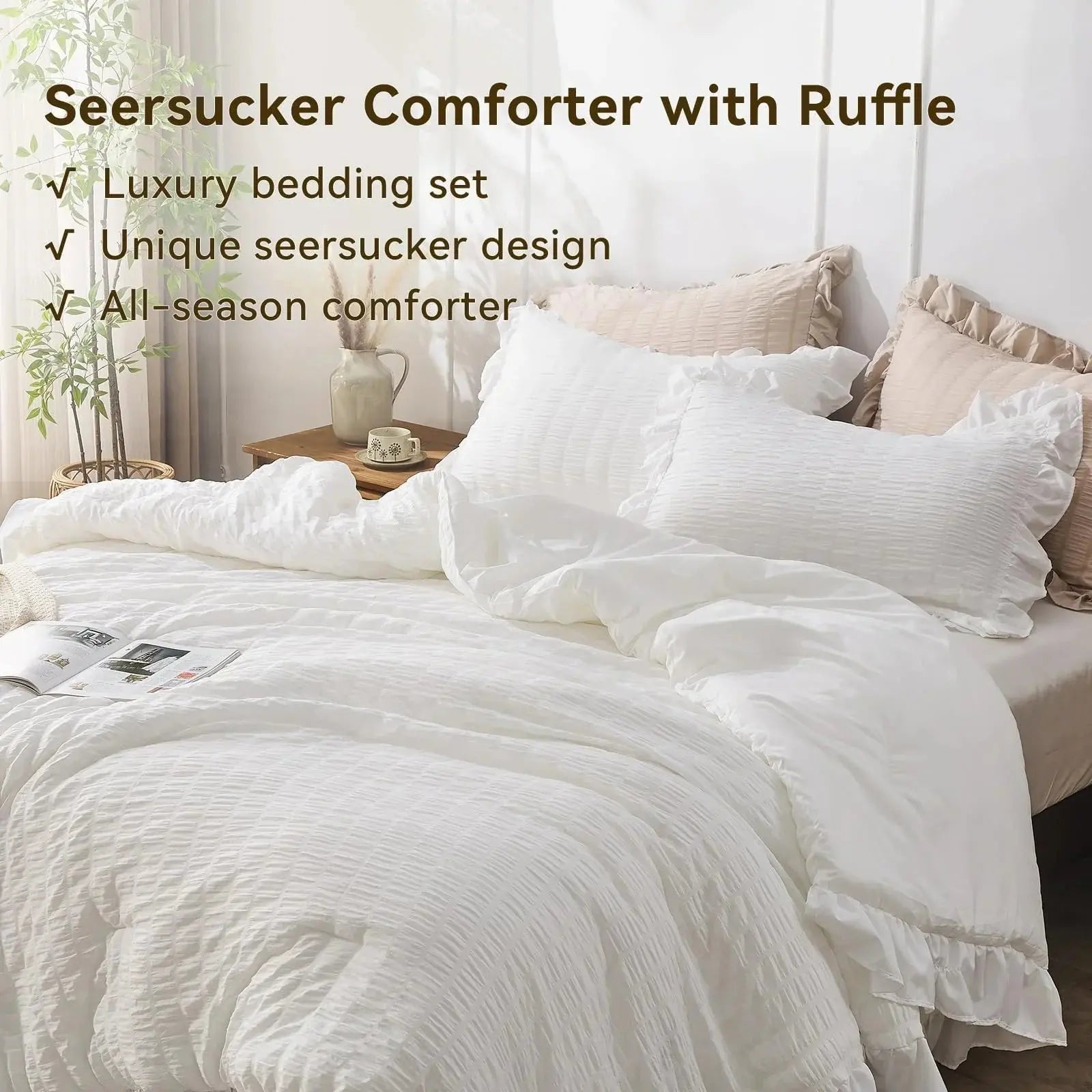 Textured Seersucker Duvet Cover Set with Lace Trim | 3-Piece Wrinkle-Free Bedding with Pillowcases | Lightweight Breathable Comforter | Thomler