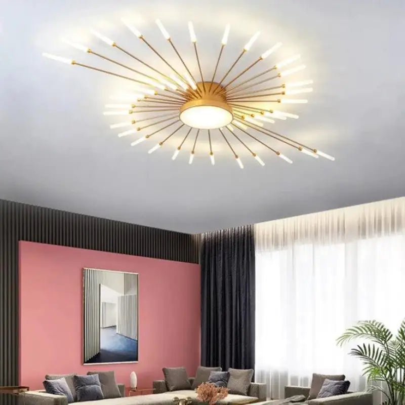 Ceiling Lamp Aluminium 128.0 cm Gold Living Room LED Sunburst Light Modern Scandinavian Lounge Lighting Fixture | Thomler