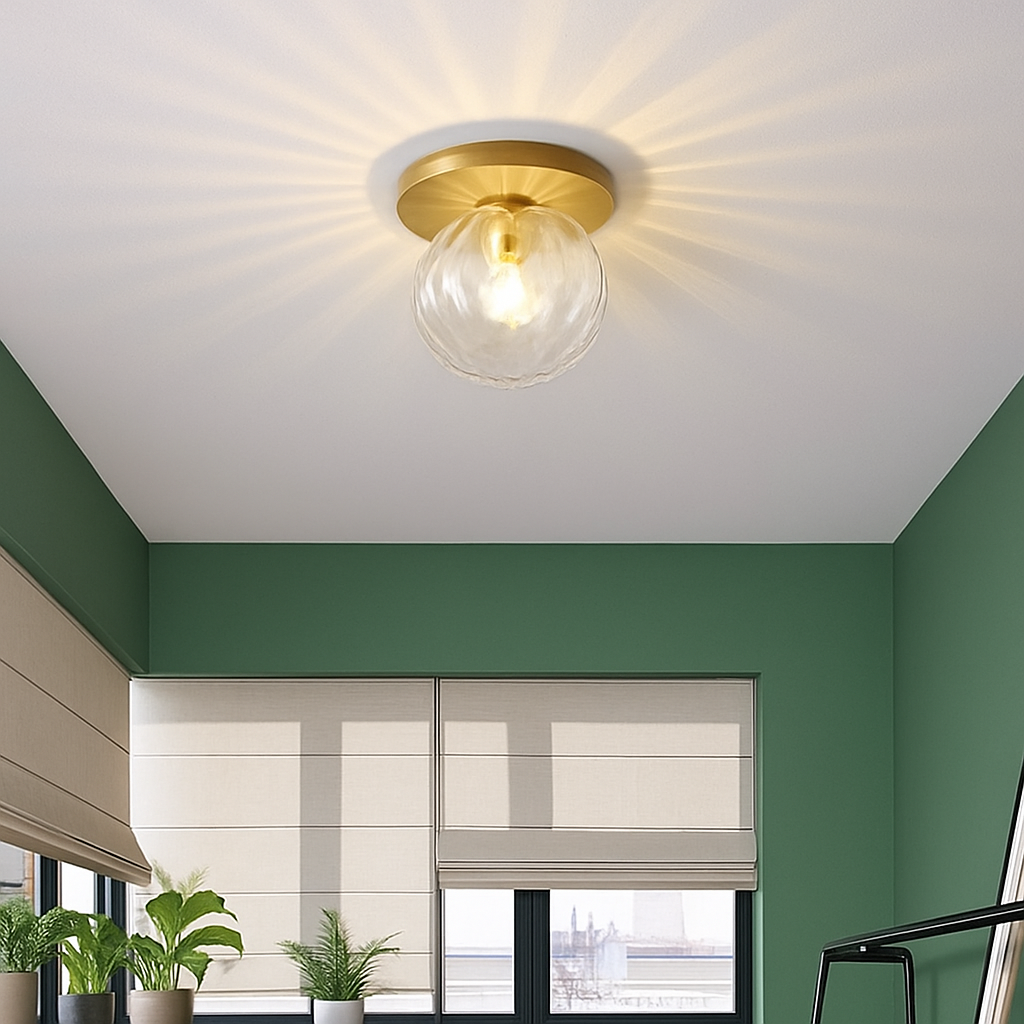 Round Gold Ceiling Light with Glass Globe – LED Flush Mount Fixture for Bedroom & Living Room | Thomler