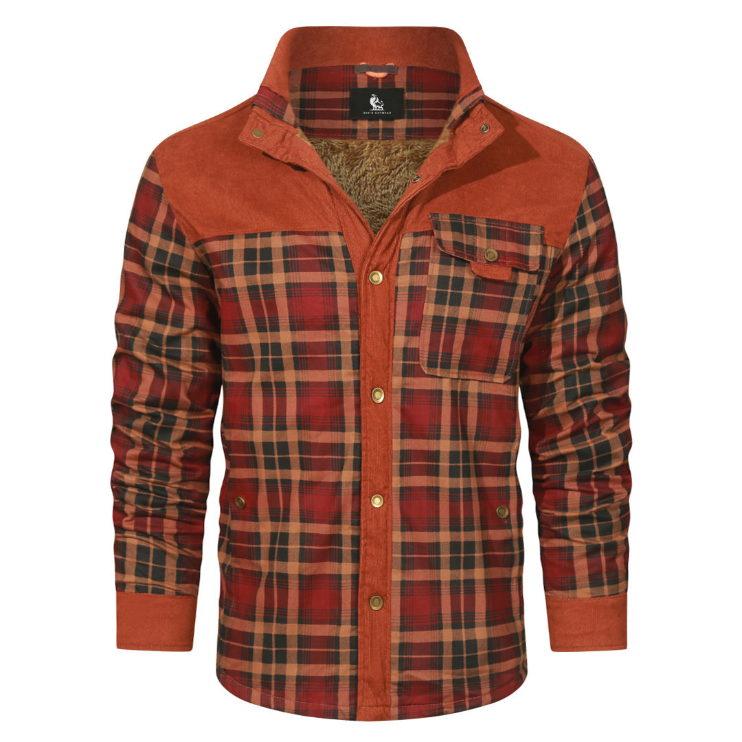 Checkered Button-Up Overshirt for Men – Heavyweight Cotton Blend Shacket with Chest Pockets – Red Plaid | Thomler