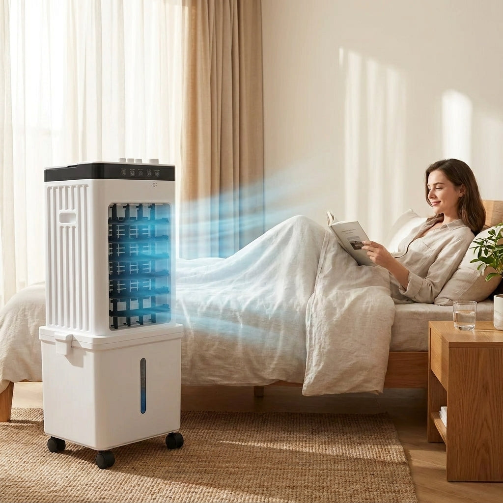 Compact Evaporative Air Cooler with Dehumidifier Function and Fan Modes for Bedrooms, Home Office, Apartments, Remote Control, Wheels, 320 | Thomler