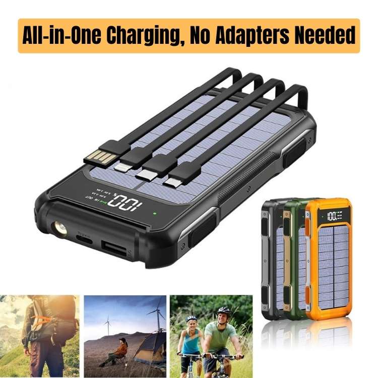 Portable Solar Power Bank 20000mAh with Built-In Cables for iPhone Android Devices USB-C Emergency Backup Battery Charger for Camping | Thomler