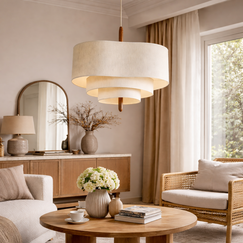 Pendant Light Fabric Wood 58.0 cm Beige Dining Room Japandi Wabi Sabi Hanging Ceiling Lamp Adjustable E27 | Thomler